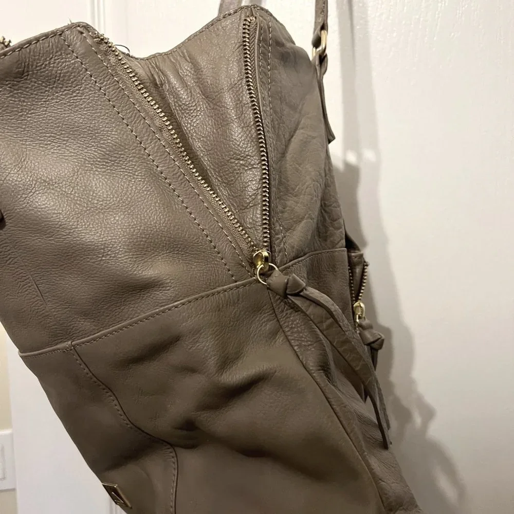 KOOBA Large Taupe Leather Purse-2 Straps-Soft-Gold-Purple Lining-Expands-Hobo
